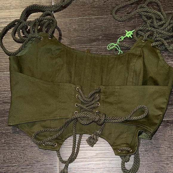 Dolls Kill Tops - Darker Wavs Chord Green Lace-Up Corset Top